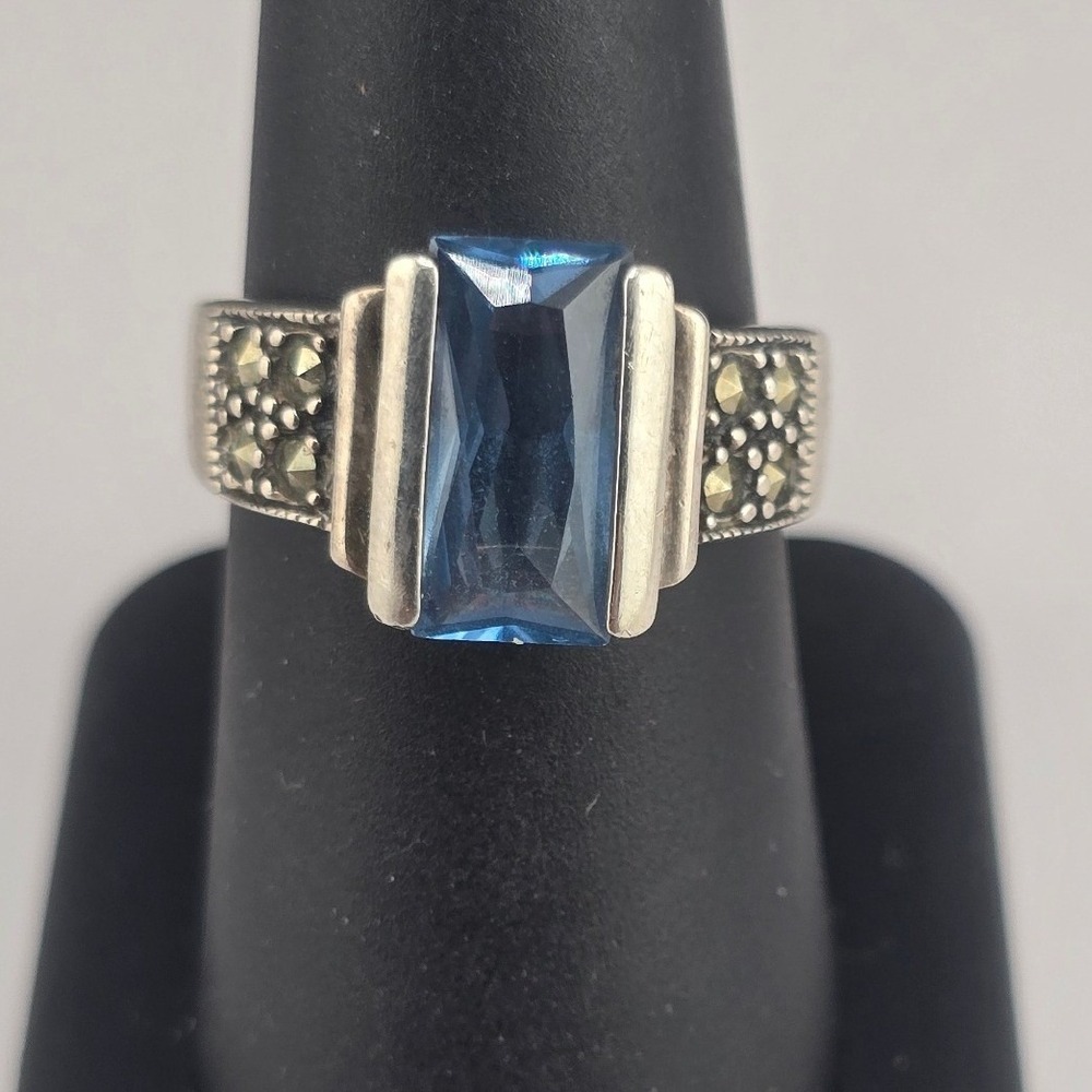 Vintage Estate Ring Blue Marcasite Sterling Silver Size 7.5